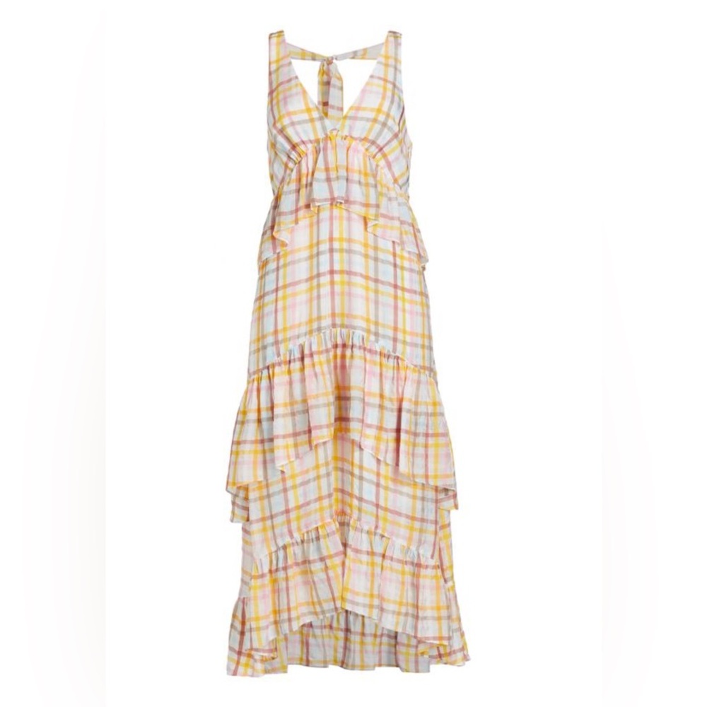 CINQ À SEPT Astor Tiered Midi-Dress in White Multi Check Plaid Size 8 New